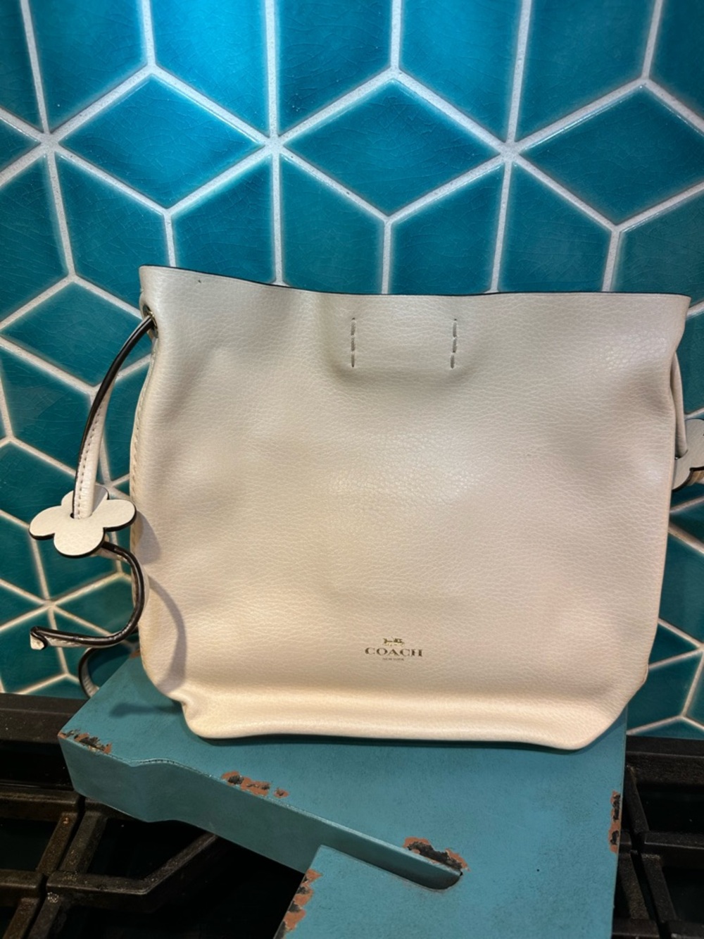 Coach Cream Leather Shoulder Bag with Clover Charm